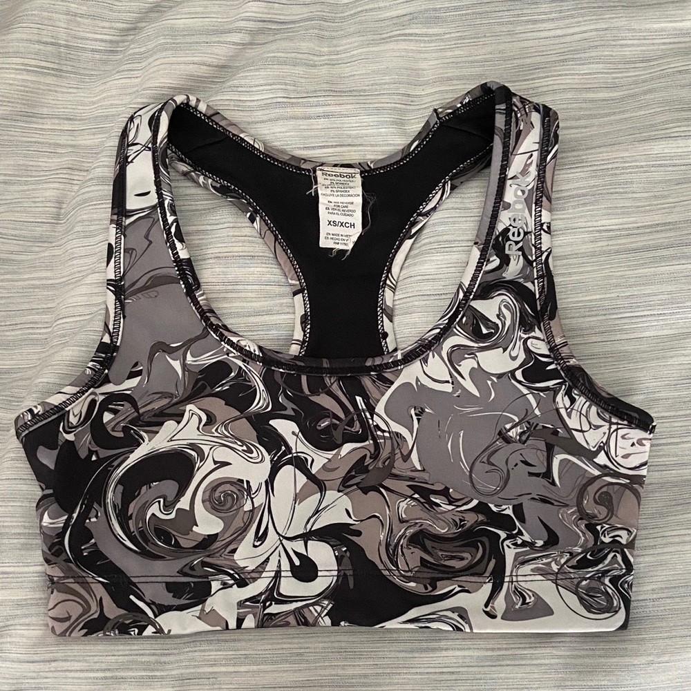 Reebok Black, Gray & White Abstract Racerback Sports Bra